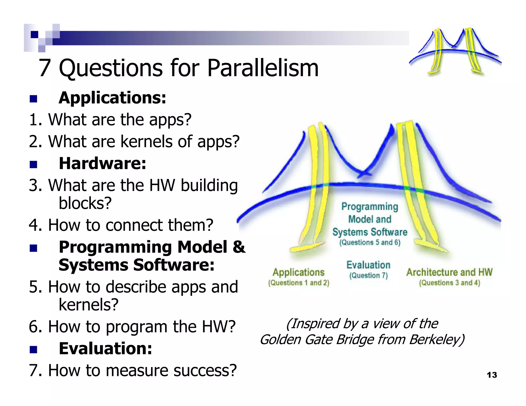 7 Questions for Parallelism
      Applications:
1.   What are the apps?
2.   What are kernels of apps?
      Hardware:
3.   What are the HW building
      blocks?
4.   How to connect them?
      Programming Model &
      Systems Software:
5.   How to describe apps and
      kernels?
6.   How to program the HW?        (Inspired by a view of the
                               Golden Gate Bridge from Berkeley)
      Evaluation:
7.   How to measure success?                                       13
 