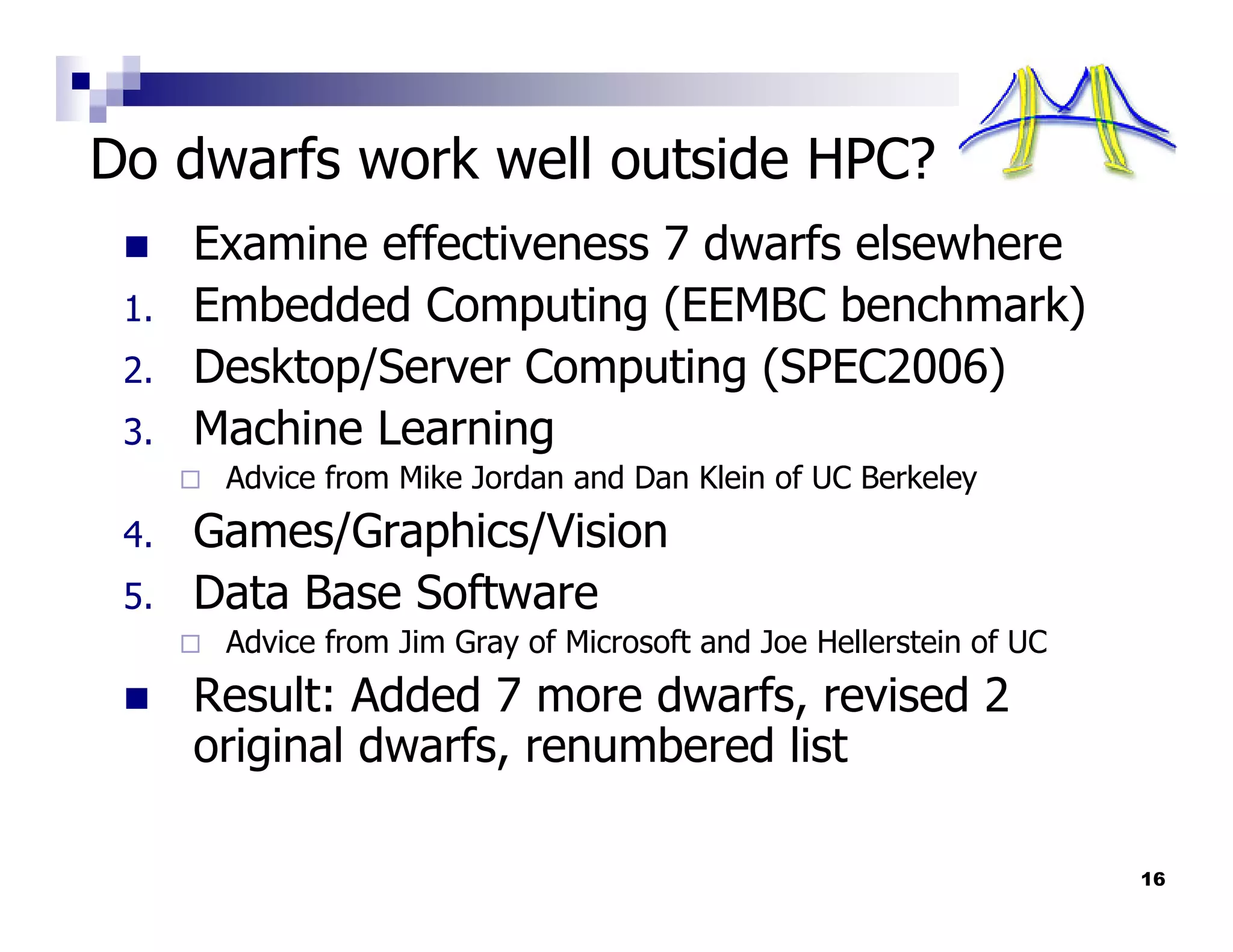 Do dwarfs work well outside HPC?
      Examine effectiveness 7 dwarfs elsewhere
 1.   Embedded Computing (EEMBC benchmark)
 2.   Desktop/Server Computing (SPEC2006)
 3.   Machine Learning
       Advice from Mike Jordan and Dan Klein of UC Berkeley
 4.   Games/Graphics/Vision
 5.   Data Base Software
       Advice from Jim Gray of Microsoft and Joe Hellerstein of UC
      Result: Added 7 more dwarfs, revised 2
      original dwarfs, renumbered list

                                                                     16
 