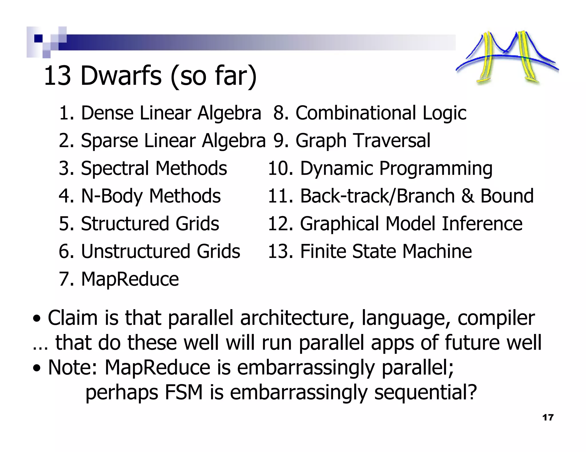13 Dwarfs (so far)
   1.   Dense Linear Algebra 8. Combinational Logic
   2.   Sparse Linear Algebra 9. Graph Traversal
   3.   Spectral Methods     10. Dynamic Programming
   4.   N-Body Methods       11. Back-track/Branch & Bound
   5.   Structured Grids     12. Graphical Model Inference
   6.   Unstructured Grids 13. Finite State Machine
   7.   MapReduce

• Claim is that parallel architecture, language, compiler
… that do these well will run parallel apps of future well
• Note: MapReduce is embarrassingly parallel;
      perhaps FSM is embarrassingly sequential?
                                                             17
 