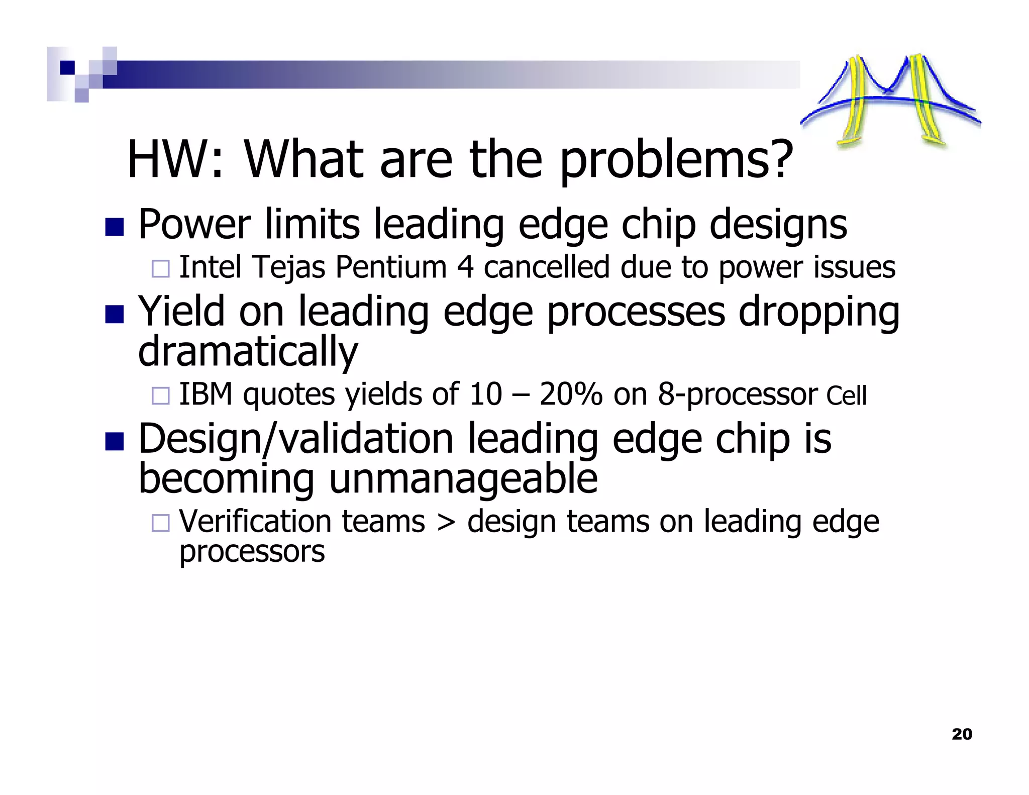 HW: What are the problems?
Power limits leading edge chip designs
  Intel Tejas Pentium 4 cancelled due to power issues
Yield on leading edge processes dropping
dramatically
  IBM quotes yields of 10 – 20% on 8-processor Cell
Design/validation leading edge chip is
becoming unmanageable
  Verification teams > design teams on leading edge
  processors




                                                        20
 