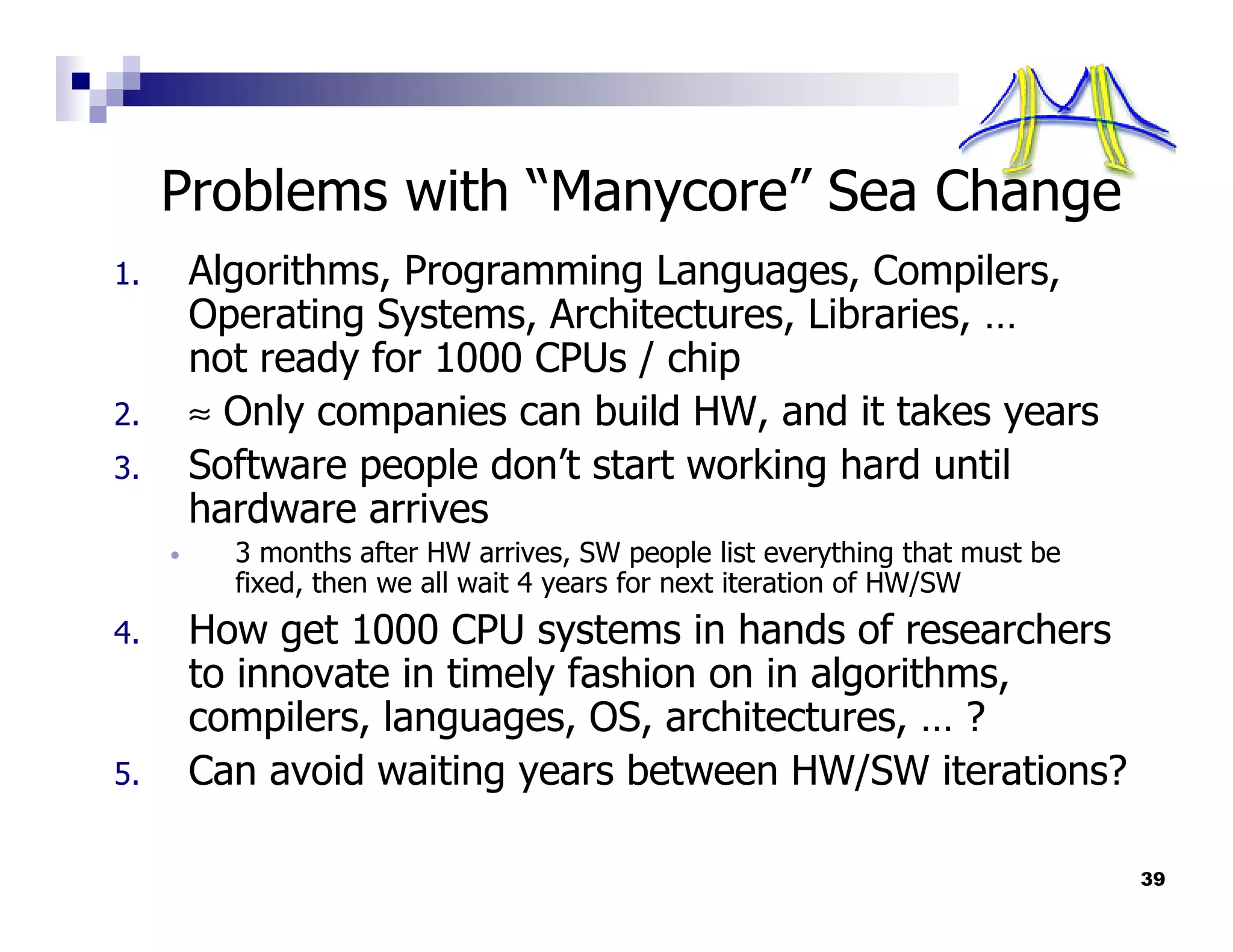 Problems with “Manycore” Sea Change
1.       Algorithms, Programming Languages, Compilers,
         Operating Systems, Architectures, Libraries, …
         not ready for 1000 CPUs / chip
2.       ≈ Only companies can build HW, and it takes years
3.       Software people don’t start working hard until
         hardware arrives
     •     3 months after HW arrives, SW people list everything that must be
           fixed, then we all wait 4 years for next iteration of HW/SW
4.       How get 1000 CPU systems in hands of researchers
         to innovate in timely fashion on in algorithms,
         compilers, languages, OS, architectures, … ?
5.       Can avoid waiting years between HW/SW iterations?

                                                                               39
 