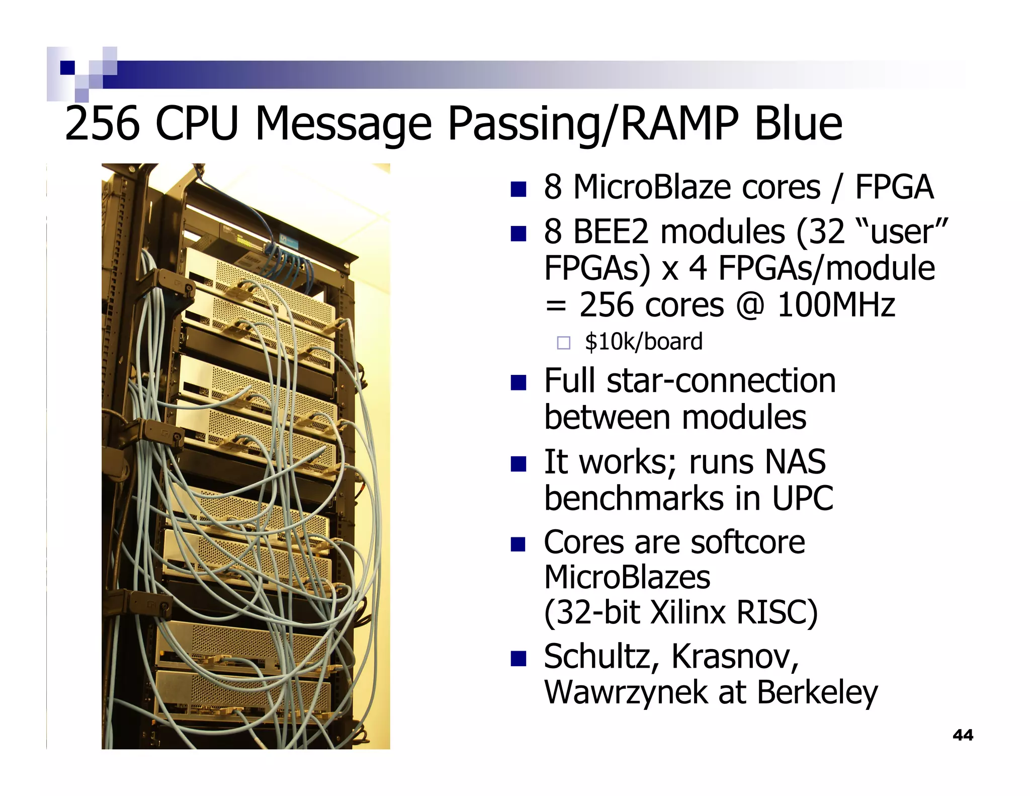 256 CPU Message Passing/RAMP Blue
                    8 MicroBlaze cores / FPGA
                    8 BEE2 modules (32 “user”
                    FPGAs) x 4 FPGAs/module
                    = 256 cores @ 100MHz
                      $10k/board
                    Full star-connection
                    between modules
                    It works; runs NAS
                    benchmarks in UPC
                    Cores are softcore
                    MicroBlazes
                    (32-bit Xilinx RISC)
                    Schultz, Krasnov,
                    Wawrzynek at Berkeley
                                                44
 