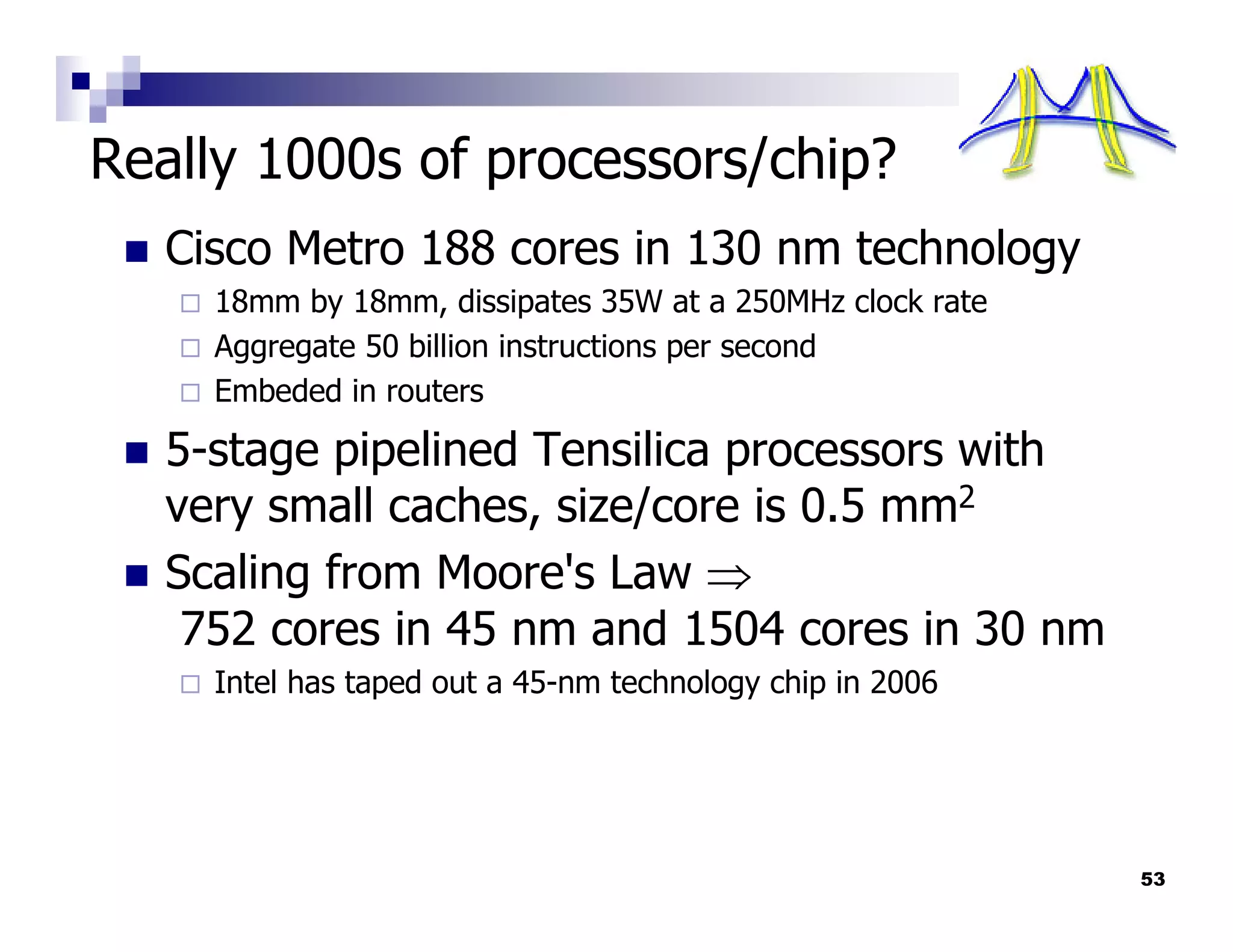 Really 1000s of processors/chip?
  Cisco Metro 188 cores in 130 nm technology
    18mm by 18mm, dissipates 35W at a 250MHz clock rate
    Aggregate 50 billion instructions per second
    Embeded in routers

  5-stage pipelined Tensilica processors with
  very small caches, size/core is 0.5 mm2
  Scaling from Moore's Law ⇒
   752 cores in 45 nm and 1504 cores in 30 nm
    Intel has taped out a 45-nm technology chip in 2006




                                                          53
 