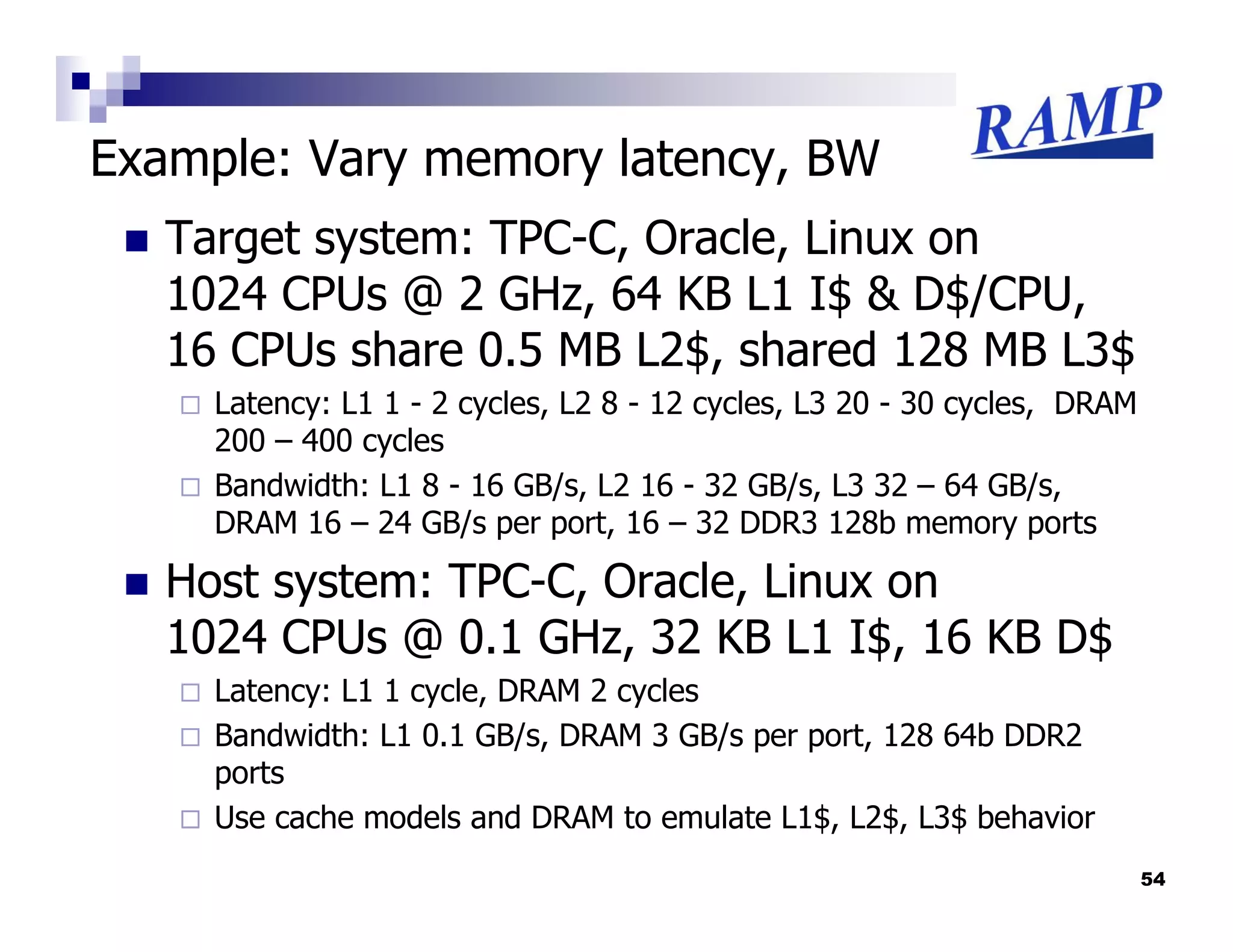 Example: Vary memory latency, BW
   Target system: TPC-C, Oracle, Linux on
   1024 CPUs @ 2 GHz, 64 KB L1 I$ & D$/CPU,
   16 CPUs share 0.5 MB L2$, shared 128 MB L3$
     Latency: L1 1 - 2 cycles, L2 8 - 12 cycles, L3 20 - 30 cycles, DRAM
     200 – 400 cycles
     Bandwidth: L1 8 - 16 GB/s, L2 16 - 32 GB/s, L3 32 – 64 GB/s,
     DRAM 16 – 24 GB/s per port, 16 – 32 DDR3 128b memory ports

   Host system: TPC-C, Oracle, Linux on
   1024 CPUs @ 0.1 GHz, 32 KB L1 I$, 16 KB D$
     Latency: L1 1 cycle, DRAM 2 cycles
     Bandwidth: L1 0.1 GB/s, DRAM 3 GB/s per port, 128 64b DDR2
     ports
     Use cache models and DRAM to emulate L1$, L2$, L3$ behavior
                                                                           54
 