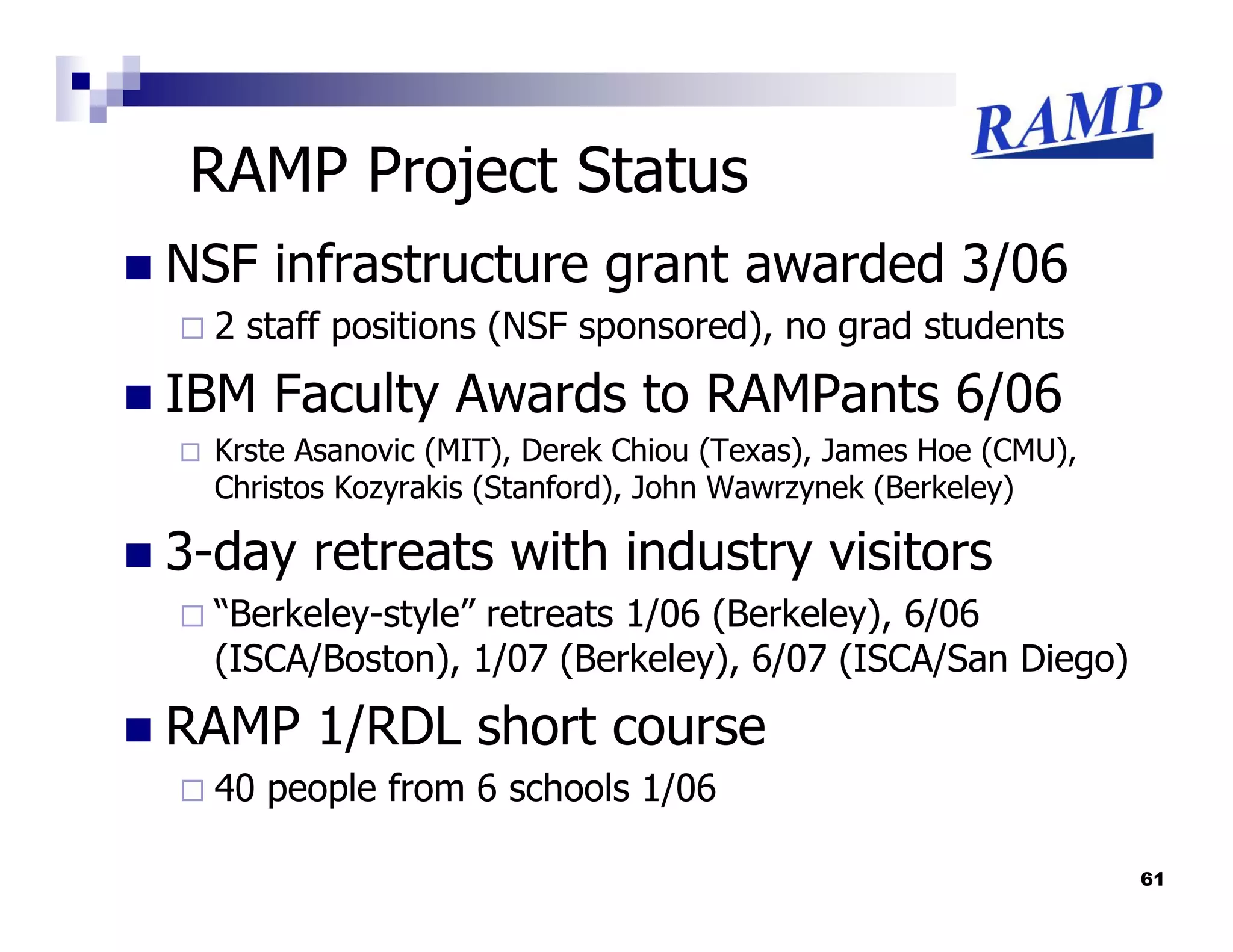 RAMP Project Status
NSF infrastructure grant awarded 3/06
  2 staff positions (NSF sponsored), no grad students
IBM Faculty Awards to RAMPants 6/06
  Krste Asanovic (MIT), Derek Chiou (Texas), James Hoe (CMU),
  Christos Kozyrakis (Stanford), John Wawrzynek (Berkeley)

3-day retreats with industry visitors
  “Berkeley-style” retreats 1/06 (Berkeley), 6/06
  (ISCA/Boston), 1/07 (Berkeley), 6/07 (ISCA/San Diego)
RAMP 1/RDL short course
  40 people from 6 schools 1/06

                                                                61
 