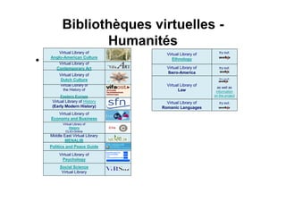 Social Science
Virtual Library
Virtual Library of
Psychology
Politics and Peace Guide
Middle East Virtual Library
MENALIB
Virtual Library of
History
CLIO-Online
Virtual Library of
Economy and Business
Virtual Library of History
(Early Modern History)
Virtual Library of
the History of
Eastern Europe
Virtual Library of
Dutch Culture
Virtual Library of
Contemporary Art
Virtual Library of
Anglo-American Culture
try out:Virtual Library of
Romanic Languages
try out:
as well as
information
on the project
Virtual Library of
Law
try out:Virtual Library of
Ibero-America
Virtual Library of
Ethnology
try out:
Bibliothèques virtuelles -
Humanités
•
 