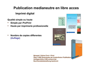 Publication medianeutre en libre acces
Imprimé digital
Qualité simple ou haute
• Simple par ProPrint
• Haute par imprimerie professionelle
• Nombre de copies differentes
(Auflage)
Beispiel: Online First + Print
Über 2.000 Downloads der kostenfreien Publikation
Auflagenhöhe (100) anhand der
Buchhandelsbestellung bestimmt
 