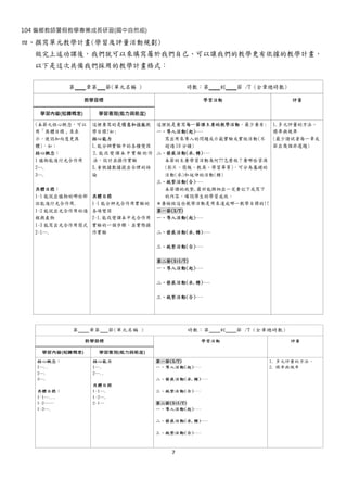 104 偏鄉教師暑假教學專業成長研習(國中自然組)
7
四、撰寫單元教學計畫(學習及評量活動規劃)
做完上述功課後，我們就可以來填寫屬於我們自己、可以讓我們的教學更有依據的教學計畫，
以下是這次共備我們採用的教學計畫格式：
 