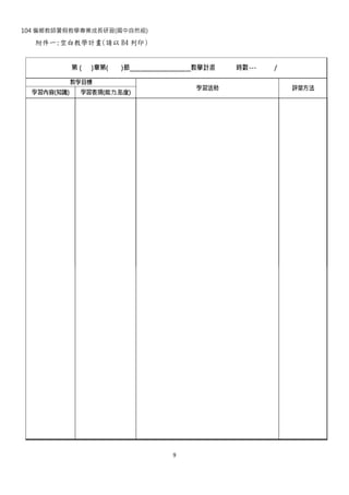 104 偏鄉教師暑假教學專業成長研習(國中自然組)
9
附件一:空白教學計畫(請以 B4 列印)
 