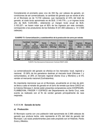 Considerando el promedio peso vivo de 354 Kg. por cabeza de ganado, en
condiciones de ser comercializado, la cantidad de ganado que se vende al año
en el Municipio es de 13.734 cabezas, que representa el 43% del total de
ganado, el costo bruto aproximado es de $US. 3.140.779.-, y un ingreso bruto
año de $US. 6.243.006.-, obteniendo un margen bruto anual de $US.
3.102.227.- se hacen notar que el 95% de los ingresos por este concepto,
corresponde a los productores de los Estratos III (51-300 cabezas) y IV (>300
cabezas).


 CUADRO 73: Comercialización y costo/beneficio de la producción de carne por estrato

                                                                                   Costo
           Cantidad Cantidad
                                Venta     Precio   Costo                            total    Ingreso   Margen
              de       de
 Estrato                      peso vivo peso vivo peso vivo                        peso     bruto/año bruto/año
           cabezas cabezas
                               (kg/cab)  ($Us/kg) ($Us/kg)                          vivo      ($Us)     ($Us)
           p/ carne venta/año
                                                                                   ($Us)
    I           552          42        354           1.29          0.87          13 070    19 316     6 245
    II        2 221         617        354           1.29          0.85         185 540   280 649    95 109
   III       13 517       5 067        354           1.29          0.71       1 271 921 2 303 278 1 031 357
   IV        15 633       8 007        354           1.29          0.59       1 670 247 3 639 763 1 969 516
  Total      31 924      13 734                                               3 140 779 6 243 006 3 102 227
                 FUENTE: Plan Municipal de Ordenamiento Territorial (PMOT) 2008.




La comercialización del ganado se efectúa en los mercados: local, regional y
nacional. El 68% de los ganaderos destinan al mercado local (Okinawa 1 y
comunidades), el 28% al mercado regional (Santa Cruz y Montero) y el 5%
venden al mercando nacional (Cochabamba).

Es importante mencionar que en el Municipio, anualmente en el mes de abril,
se lleva a cabo el remate de ganado en el corro de remate que tiene CAICO en
la Colonia Okinawa 2, donde están presentes compradores como COOPEGAN,
FLAMBOYAN, FRIGOR Y COFRICO del Departamento de Santa Cruz, este
evento es realizado con el fin de vender ganado principalmente de raza
mejorada.



1.1.7.1.14 Ganado de leche

a) Producción

El Municipio cuenta con una población total aproximada de 2.388 cabezas de
ganado que produce leche, esto representa el 6% del total de ganado del
Municipio. Las razas predominantes para este propósito son el Holando, Pardo
Zuizo y Mestizo.
 