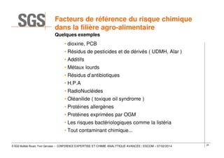 Facteurs de référence du risque chimique
dans la filière agro-alimentaire
Quelques exemples

• dioxine, PCB
• Résidus de pesticides et de dérivés ( UDMH, Alar )
• Additifs
• Métaux lourds
• Résidus d’antibiotiques
• H.P.A
• RadioNucléides
• Oléanilide ( toxique oil syndrome )
• Protéines allergènes
• Protéines exprimées par OGM
• Les risques bactériologiques comme la listéria
• Tout contaminant chimique...
© SGS Multilab Rouen, Yvon Gervaise – CONFERENCE EXPERTISE ET CHIMIE ANALYTIQUE AVANCÉE / ESCOM – 07/02/2014

24

 