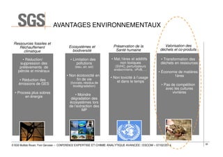 AVANTAGES ENVIRONNEMENTAUX
Ressources fossiles et
Réchauffement
climatique
• Réduction/
suppression des
prélèvements de
pétrole et minéraux
• Réduction des
émissions de GES
• Process plus sobres
en énergie

Ecosystèmes et
biodiversité

Préservation de la
Santé humaine

Valorisation des
déchets et co-produits

• Limitation des
pollutions

• Mat.1ères et additifs
non toxiques

• Transformation des
déchets en ressources

(eau, air, sol)

• Non écotoxicité en
fin de vie
(lixiviats, résidus de
biodégradation)

• Moindre
dégradation des
écosystèmes lors
de l’extraction des
MP

(SVHC, perturbateurs
endocriniens, vPvB, …

• Non toxicité à l’usage
et dans le temps

• Économie de matières
1ères
• Pas de compétition
avec les cultures
vivrières

© SGS Multilab Rouen, Yvon Gervaise – CONFERENCE EXPERTISE ET CHIMIE ANALYTIQUE AVANCÉE / ESCOM – 07/02/2014

68

 