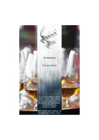 1
Drammin’
Dave
Thuistastings
Instaptasting:
Een kennismaking met de
betere single malt whisky
in al zijn basisfacetten met
de nadruk op basissmaken,
houtinvloeden en
sterkteverschillen.
Met 6 single malt whisky’s uit
verschillende Schotse regio’s.
 