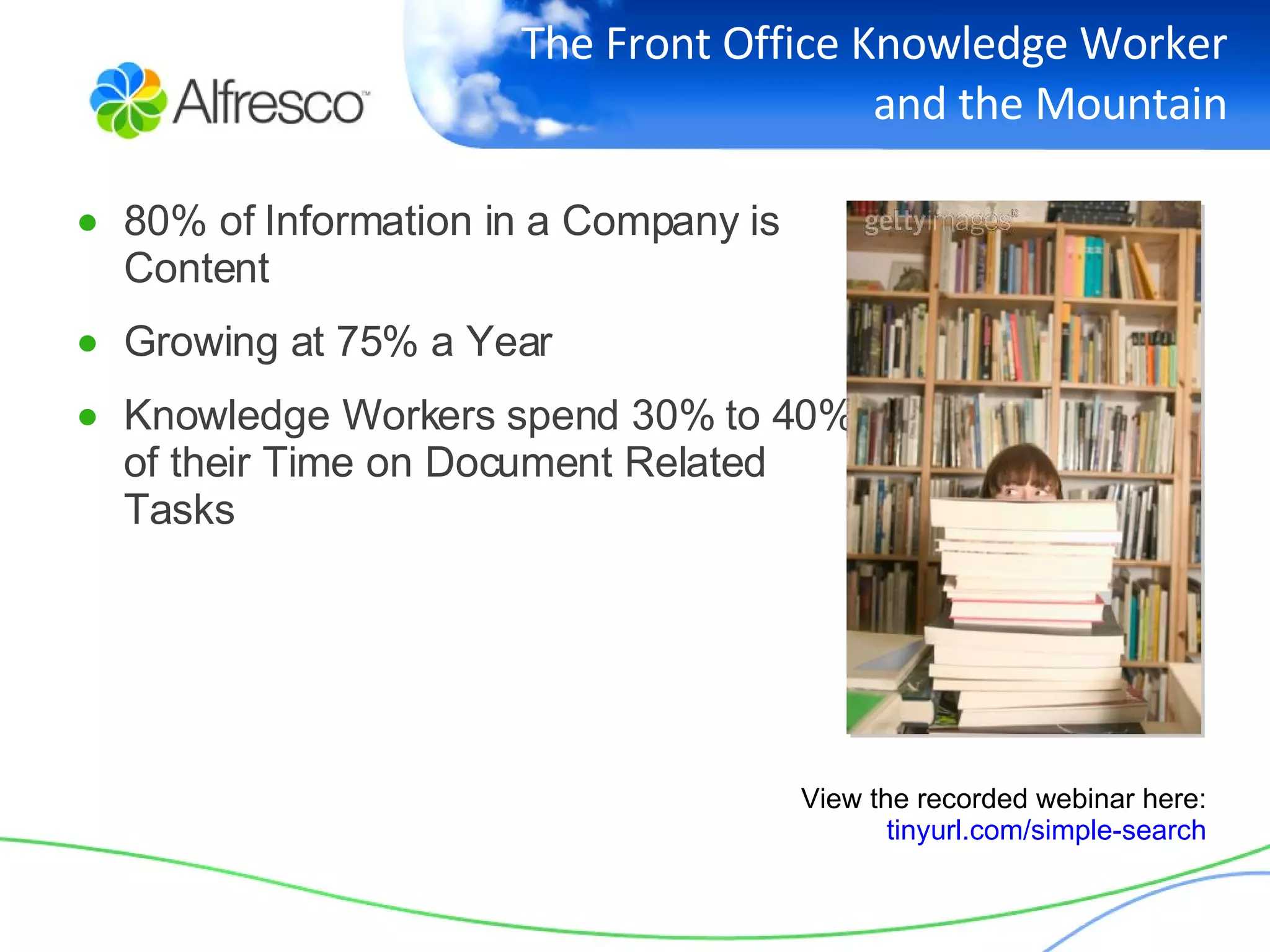 The Front Office Knowledge Worker and the Mountain 80% of Information in a Company is Content Growing at 75% a Year Knowledge Workers spend 30% to 40% of their Time on Document Related Tasks View the recorded webinar here: tinyurl.com/simple-search 
