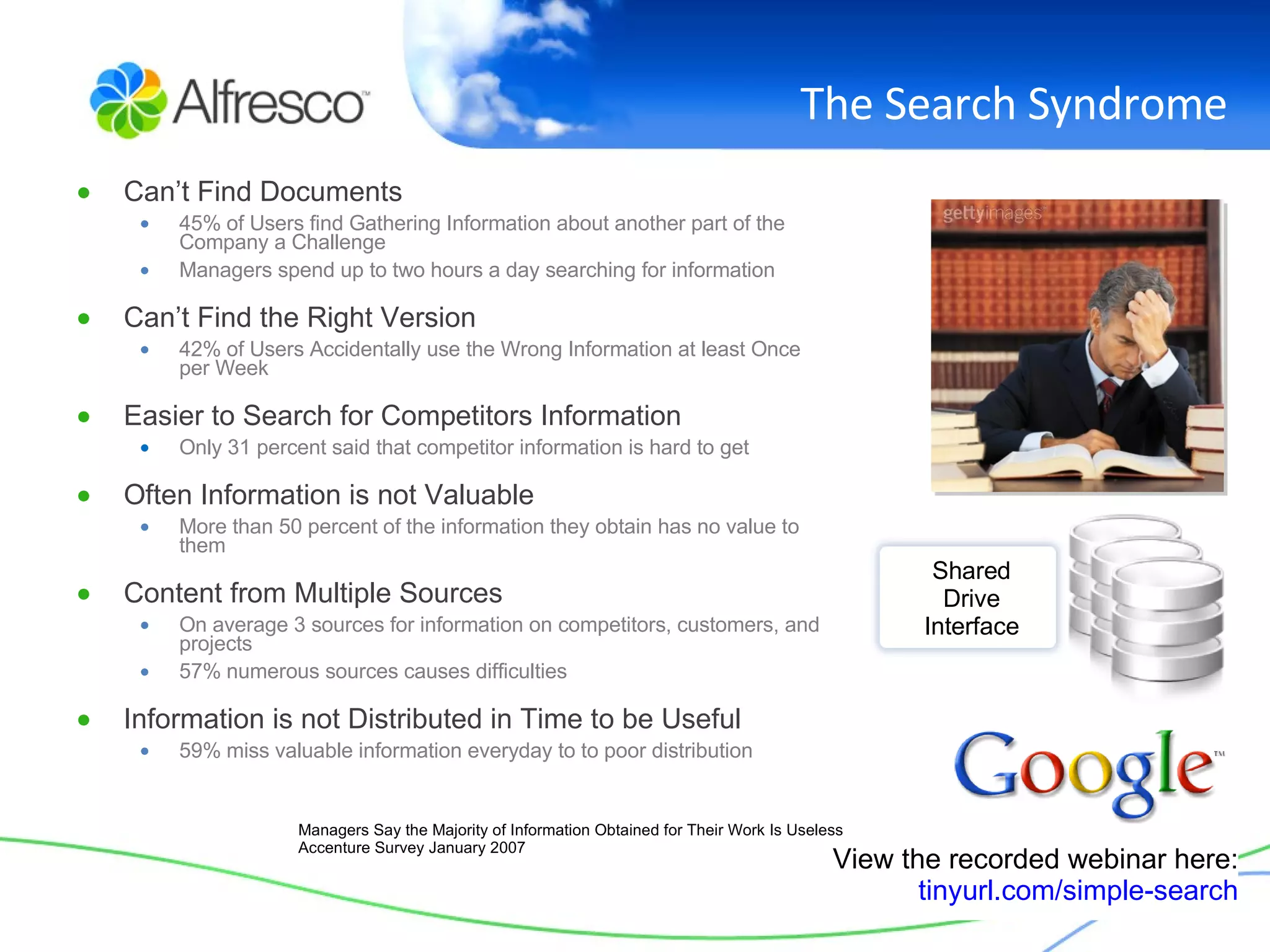 The Search Syndrome Can’t Find Documents 45% of Users find Gathering Information about another part of the Company a Challenge Managers spend up to two hours a day searching for information Can’t Find the Right Version  42% of Users Accidentally use the Wrong Information at least Once per Week Easier to Search for Competitors Information Only 31 percent said that competitor information is hard to get Often Information is not Valuable More than 50 percent of the information they obtain has no value to them Content from Multiple Sources On average 3 sources for information on competitors, customers, and projects 57% numerous sources causes difficulties Information is not Distributed in Time to be Useful 59% miss valuable information everyday to to poor distribution Shared Drive Interface Managers Say the Majority of Information Obtained for Their Work Is Useless Accenture Survey January 2007 View the recorded webinar here: tinyurl.com/simple-search 