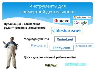 Инструменты для
совместной деятельности
Публикация и совместное
редактирование документов
slideshare.net
Лента времени
Dipity.com
Доски для совместной работы on-line
FlockDraw WikiWall Scribblar.com
Медиадокументы
Playcast.ru
Xmind.net
Crocodoc.com
 
