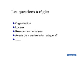 29 mai 2007
Les questions à régler
Organisation
Locaux
Ressources humaines
Avenir du « centre informatique »?
……
 