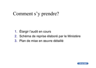 29 mai 2007
Comment s’y prendre?
1. Élargir l’audit en cours
2. Schéma de reprise élaboré par le Ministère
3. Plan de mise en œuvre détaillé
 