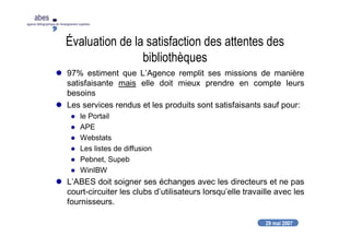 29 mai 2007
29 mai 2007
abes
agence bibliographique de l’enseignement supérieur
Évaluation de la satisfaction des attentes des
bibliothèques
97% estiment que L’Agence remplit ses missions de manière
satisfaisante mais elle doit mieux prendre en compte leurs
besoins
Les services rendus et les produits sont satisfaisants sauf pour:
le Portail
APE
Webstats
Les listes de diffusion
Pebnet, Supeb
WinIBW
L’ABES doit soigner ses échanges avec les directeurs et ne pas
court-circuiter les clubs d’utilisateurs lorsqu’elle travaille avec les
fournisseurs.
 