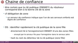 Linux LPIC2 noelmace.com
Chaine de confiance
• être certain que la clé publique (DNSKEY) du résolveur
correspond bien à la bonne clé de la zone
• cf délégation de zone
 un serveur de confiance indique que l'un de ses serveurs enfants est
digne de confiance
• DS : identifier rapidement la clé publique de la zone fille
• directement lié à l'enregistrement DNSKEY d'une des zones filles
- envoyé par le serveur fils pour l'enregistrer dans le serveur père
• hash du nom du détenteur de la clé publique (zone fille)
 