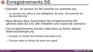 Linux LPIC2 noelmace.com
Enregistrements DS
• Exemple : un serveur A1 fait autorité sur example.org
 un serveur A2, grâce à une délégation de zone, fait autorité sur
sd.example.org
• Nous devons donc transmettre les enregistrements DS
générés dans A2 à A1 afin d'établire une chaine de confiance
• Ces enregistrements ont été créés dans un fichier séparé,
dsset-sd.example.org
 envoyer ce fichier de manière sécurisée à A1
 l'inclure dans le fichier de zone non signé
 