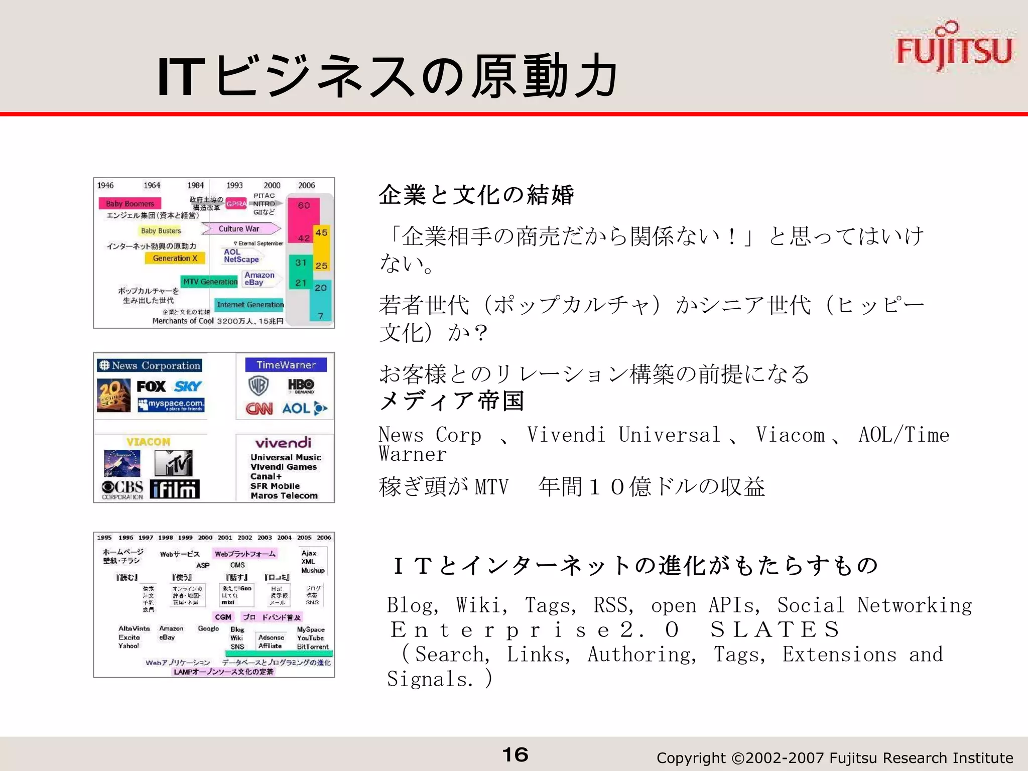 IT ビジネスの原動力 企業と文化の結婚 「企業相手の商売だから関係ない！」と思ってはいけない。 若者世代（ポップカルチャ）かシニア世代（ヒッピー文化）か？ お客様とのリレーション構築の前提になる メディア帝国 News Corp  、 Vivendi Universal 、 Viacom 、 AOL/Time Warner 稼ぎ頭が MTV 　年間１０億ドルの収益 ＩＴとインターネットの進化がもたらすもの Blog, Wiki, Tags, RSS, open APIs, Social Networking Ｅｎｔｅｒｐｒｉｓｅ２．０　ＳＬＡＴＥＳ （ Search, Links, Authoring, Tags, Extensions and Signals. ）  