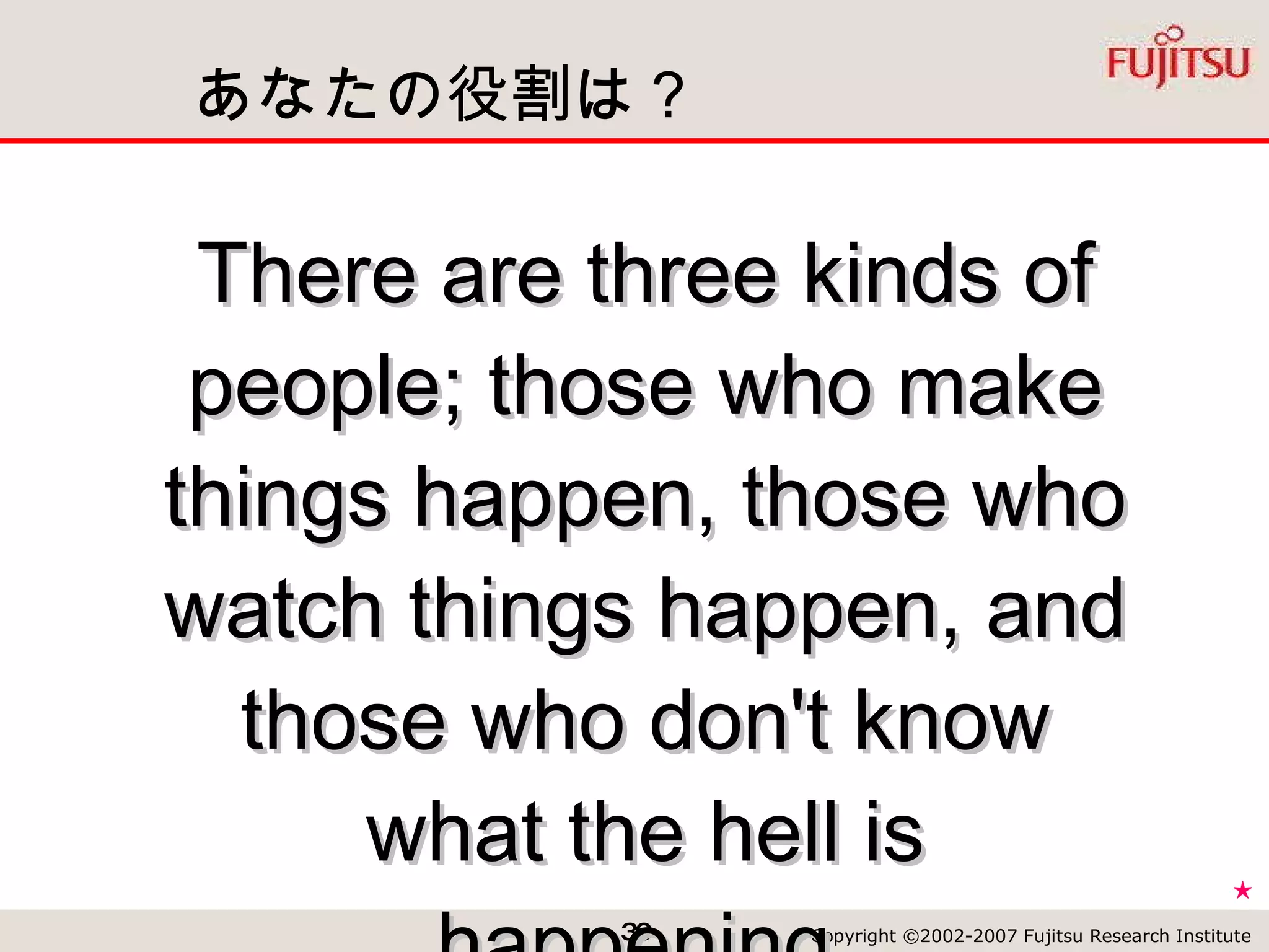 あなたの役割は？ There are three kinds of people; those who make things happen, those who watch things happen, and those who don't know what the hell is happening. ★ 