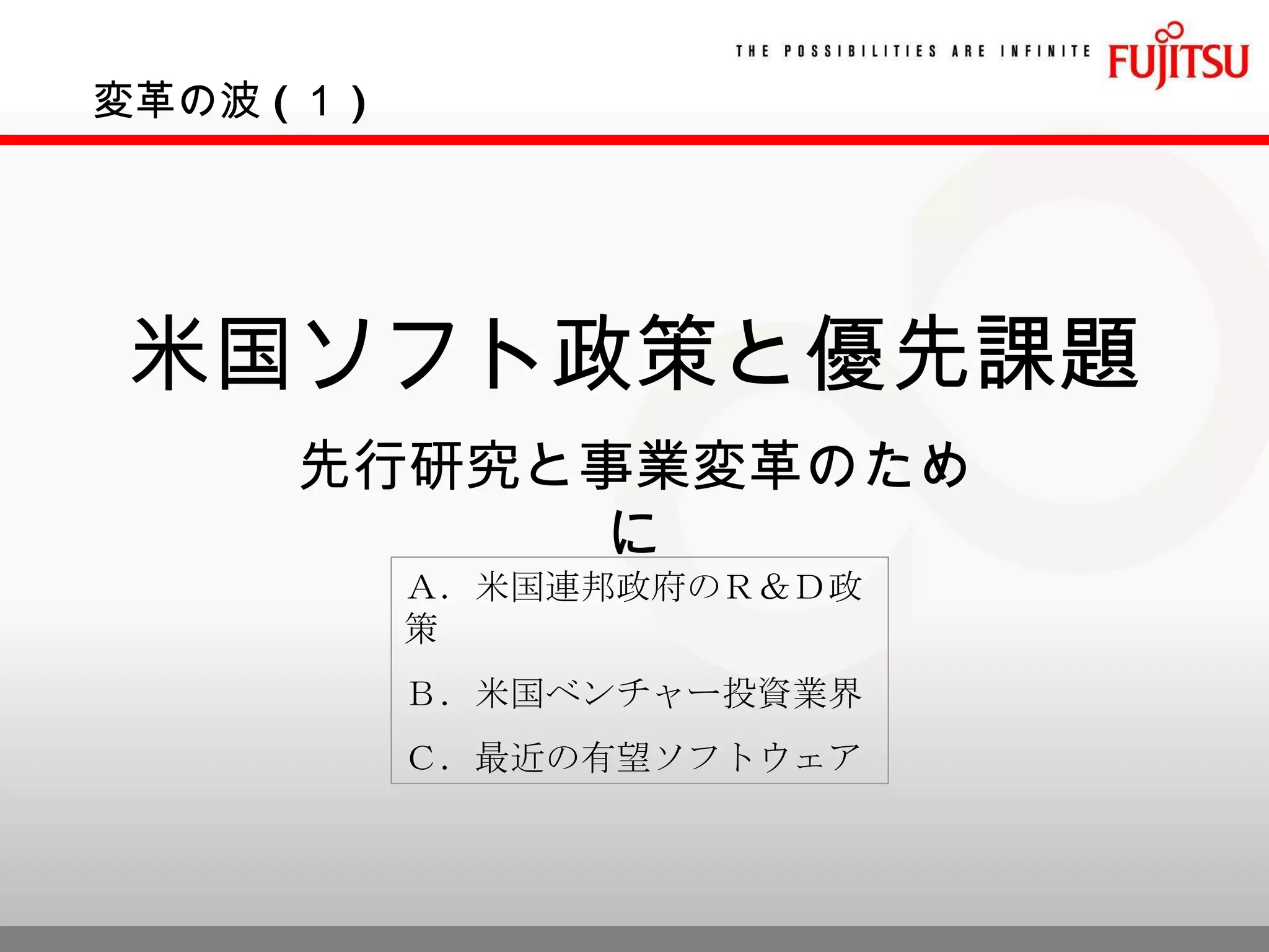米国ソフト政策と優先課題 先行研究と事業変革のために Ａ．米国連邦政府のＲ＆Ｄ政策 Ｂ．米国ベンチャー投資業界 Ｃ．最近の有望ソフトウェア 変革の波 ( １ ) 