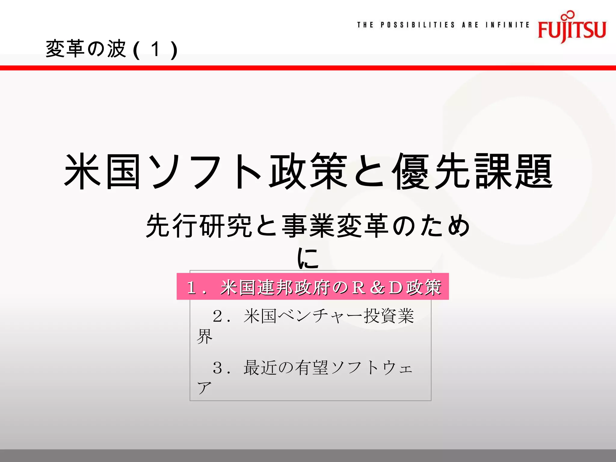 米国ソフト政策と優先課題 先行研究と事業変革のために ２．米国ベンチャー投資業界 ３．最近の有望ソフトウェア 変革の波 ( １ ) １．米国連邦政府のＲ＆Ｄ政策 