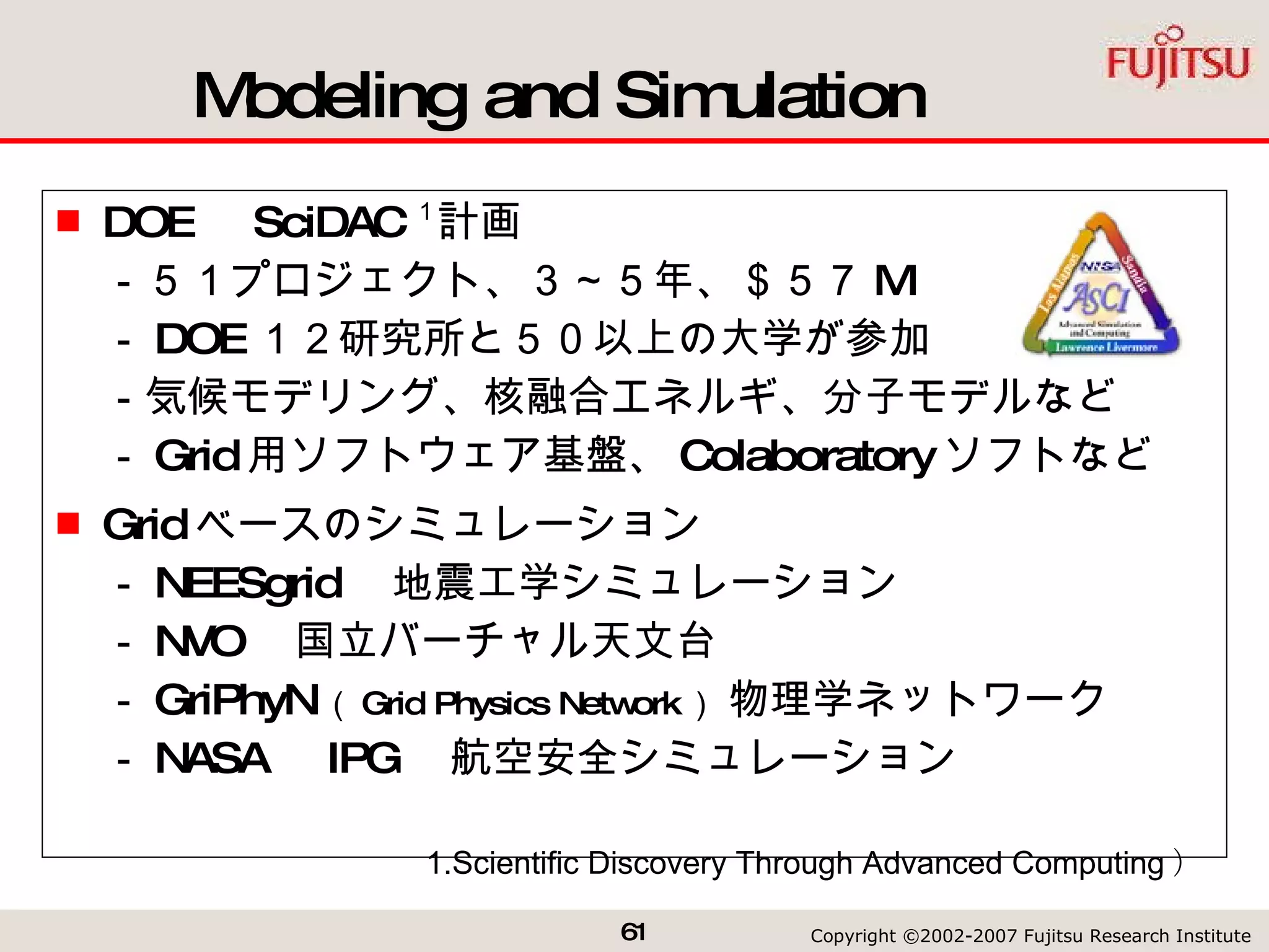 Modeling and Simulation DOE 　 SciDAC １ 計画 －５１プロジェクト、３～５年、＄５７ M － DOE １２研究所と５０以上の大学が参加 －気候モデリング、核融合エネルギ、分子モデルなど － Grid 用ソフトウェア基盤、 Colaboratory ソフトなど Grid ベースのシミュレーション － NEESgrid 　地震工学シミュレーション － NVO 　国立バーチャル天文台 － GriPhyN （ Grid Physics Network ）  物理学ネットワーク － NASA 　 IPG 　航空安全シミュレーション 1.Scientific Discovery Through Advanced Computing ） 