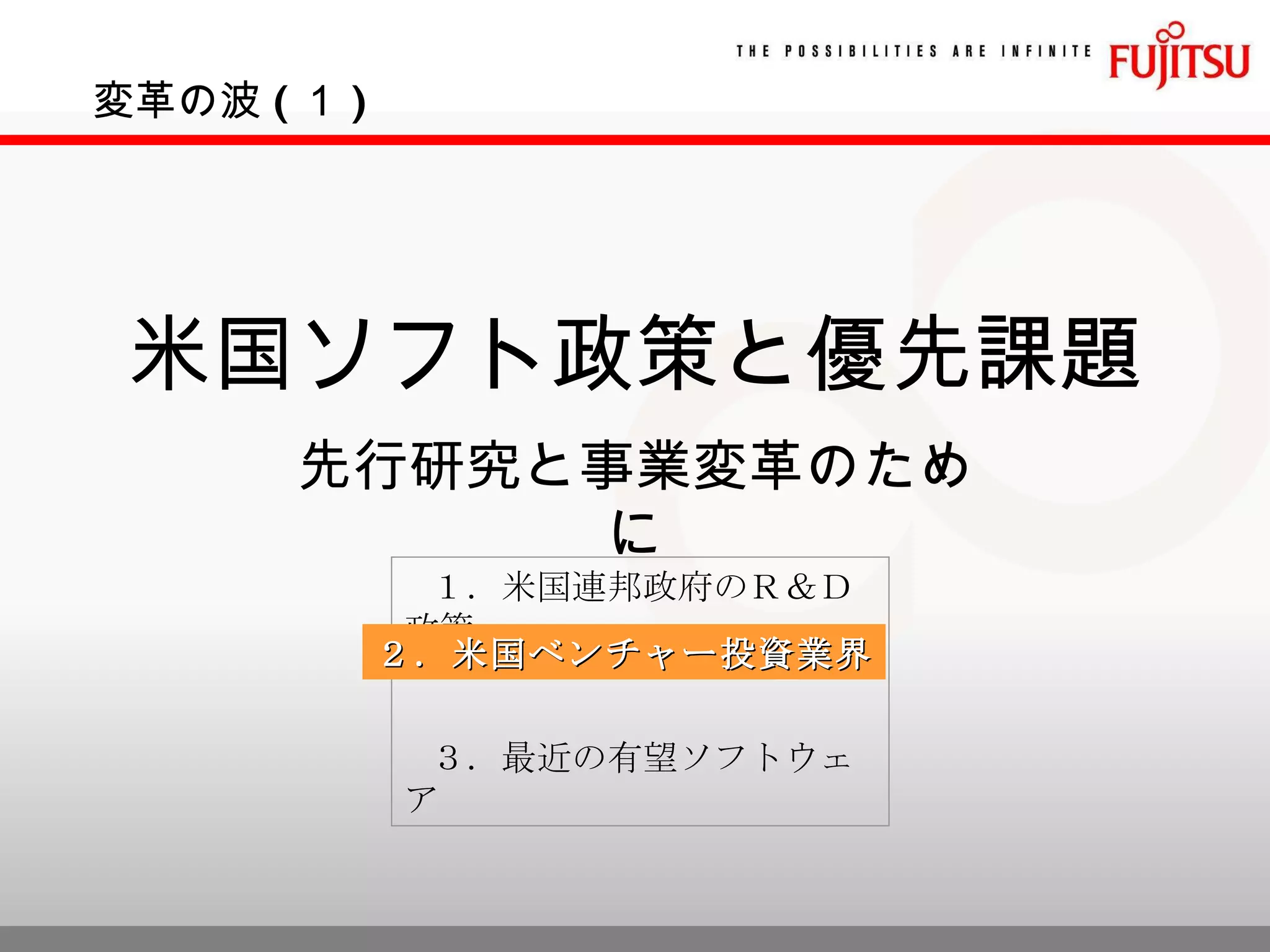 米国ソフト政策と優先課題 先行研究と事業変革のために １．米国連邦政府のＲ＆Ｄ政策 ３．最近の有望ソフトウェア 変革の波 ( １ ) ２．米国ベンチャー投資業界 