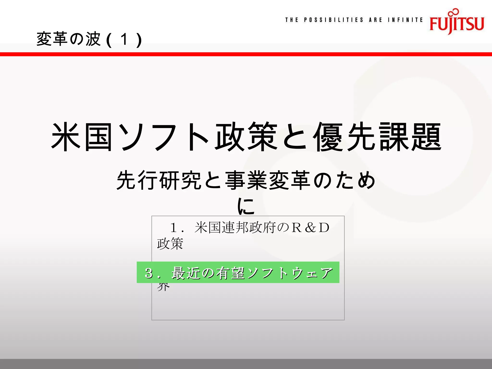 米国ソフト政策と優先課題 先行研究と事業変革のために １．米国連邦政府のＲ＆Ｄ政策 ２．米国ベンチャー投資業界 変革の波 ( １ ) ３．最近の有望ソフトウェア 