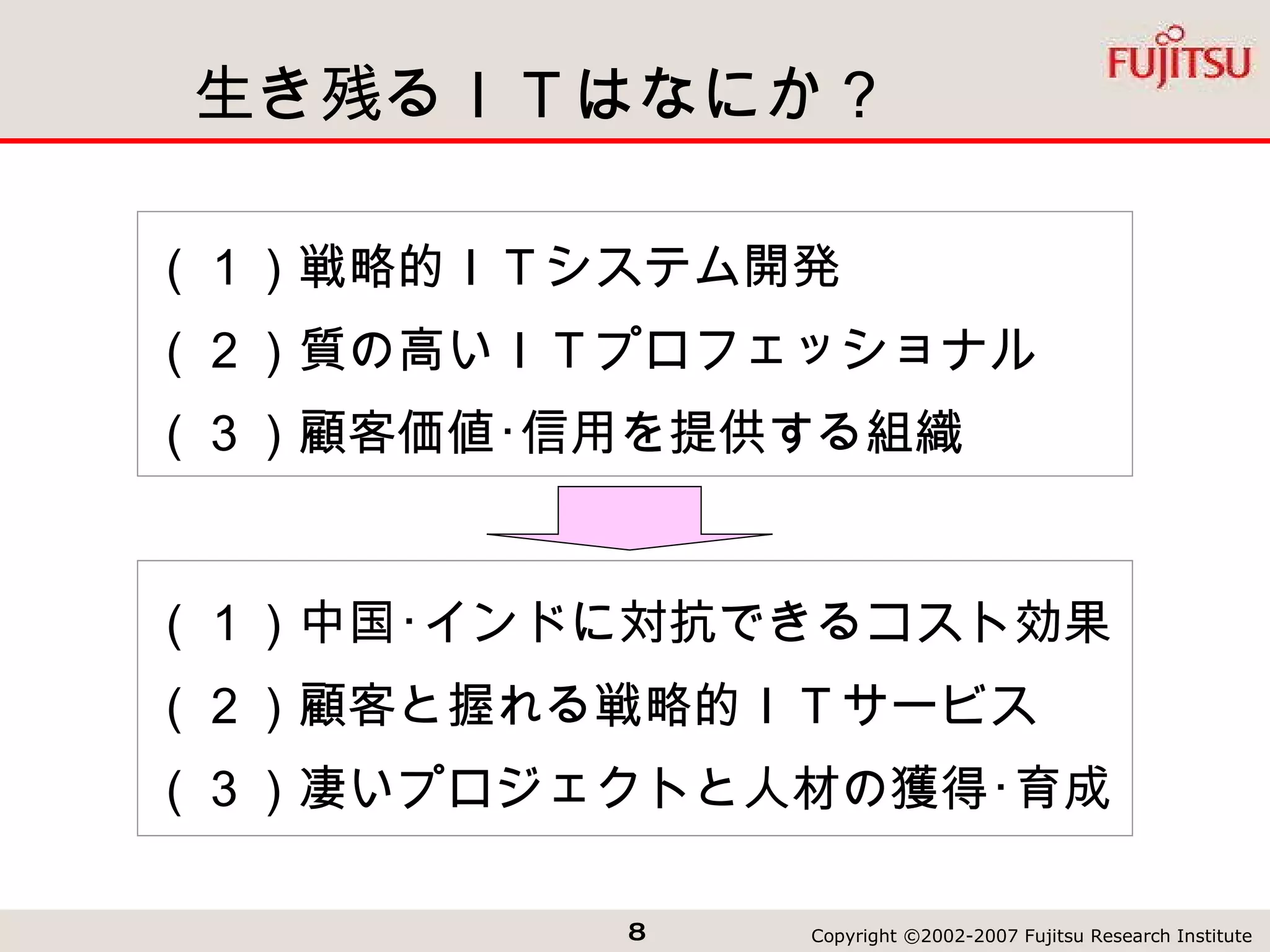 生き残るＩＴはなにか？ （１）戦略的ＩＴシステム開発 （２）質の高いＩＴプロフェッショナル （３）顧客価値･信用を提供する組織 （１）中国･インドに対抗できるコスト効果 （２）顧客と握れる戦略的ＩＴサービス （３）凄いプロジェクトと人材の獲得･育成 