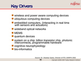Key Drivers wireless and power aware computing devices ubiquitous computing devices embedded computers, (interacting in real time   with sensors and actuators) wideband optical networks MEMS quantum devices system on a chip: billion transistor chip, photonic   interconnects, programmable hardware cognitive neurophysiology bio-informatics Source: Dr. Shankar Sastry, Director of ITO, DARPA 2002 