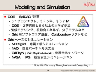 Modeling and Simulation DOE 　 SciDAC １ 計画 －５１プロジェクト、３～５年、＄５７ M － DOE １２研究所と５０以上の大学が参加 －気候モデリング、核融合エネルギ、分子モデルなど － Grid 用ソフトウェア基盤、 Colaboratory ソフトなど Grid ベースのシミュレーション － NEESgrid 　地震工学シミュレーション － NVO 　国立バーチャル天文台 － GriPhyN （ Grid Physics Network ）  物理学ネットワーク － NASA 　 IPG 　航空安全シミュレーション 1.Scientific Discovery Through Advanced Computing ） 