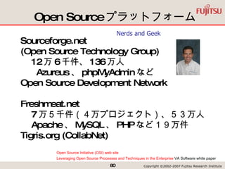 Open Source プラットフォーム Sourceforge.net  (Open Source Technology Group) 　 12 万 6 千件、 136 万人 　 Azureus 、 phpMyAdmin など Open Source Development Network Freshmeat.net 　 7 万５千件（４万プロジェクト）、５３万人 　 Apache 、 MySQL 、 PHP など１９万件 Tigris.org (CollabNet) Open Source Initiative (OSI) web site Leveraging Open Source Processes and Techniques in the Enterprise  VA Software white paper  Nerds and Geek 