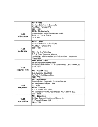 20/03
quinta-feira

21/03
sexta-feira

24/03
segunda-feira

25/03
terça-feira

26/03
quarta-feira

M7 - Centro
Instituto Estadual de Educação
Av. Mauro Ramos, 275
3251 1800
M23 – Rio Vermelho
Escola Básica Maria Conceição Nunes
Rua Luiz Duarte Soares
3234 8557
M11 – Centro
Instituto Estadual de Educação
Av. Mauro Ramos, 275
3251 1800
M3 – Jardim Atlântico
E.E.B. Rosa Torres de Miranda
Rua Melvin Jones, 389 Jardim AtlânticoCEP: 88095-400
3244-2975
M4 – Monte Cristo
EEB América Dutra Machado
Rua Joaquim Nabuco, 2875 Monte Cristo CEP: 88090-060
3240-5625
M6 – José Mendes
E.E.B Jurema Cavallazzi
R. Prof. Aníbal Nunes Pires
3225 7731
M27– Campeche
Escola Básica Brigadeiro Eduardo Gomes
Av. Pequeno Príncipe, 2939
32374780
M12 – Trindade
E.E.B. Simão José Hess
Av Madre Benvenuta, 463Trindade CEP: 88.036-500
3234-2323
M1 – Coqueiros
Colégio Estadual Presidente Roosevelt
R. Pascoal Simone, 80
3244-7720

 