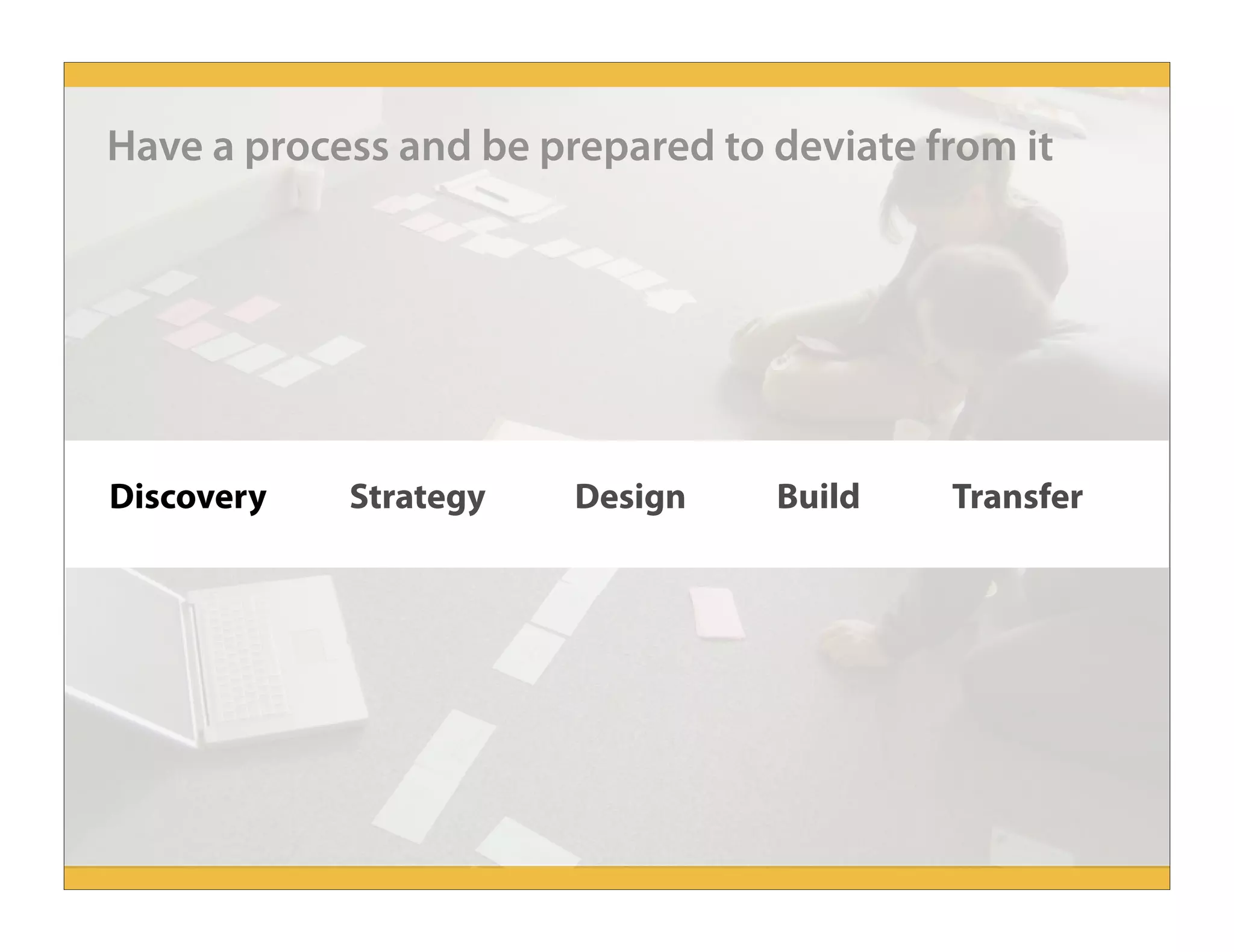 Design
Have a process and be prepared to deviate from it
Discovery Strategy Build Transfer
 