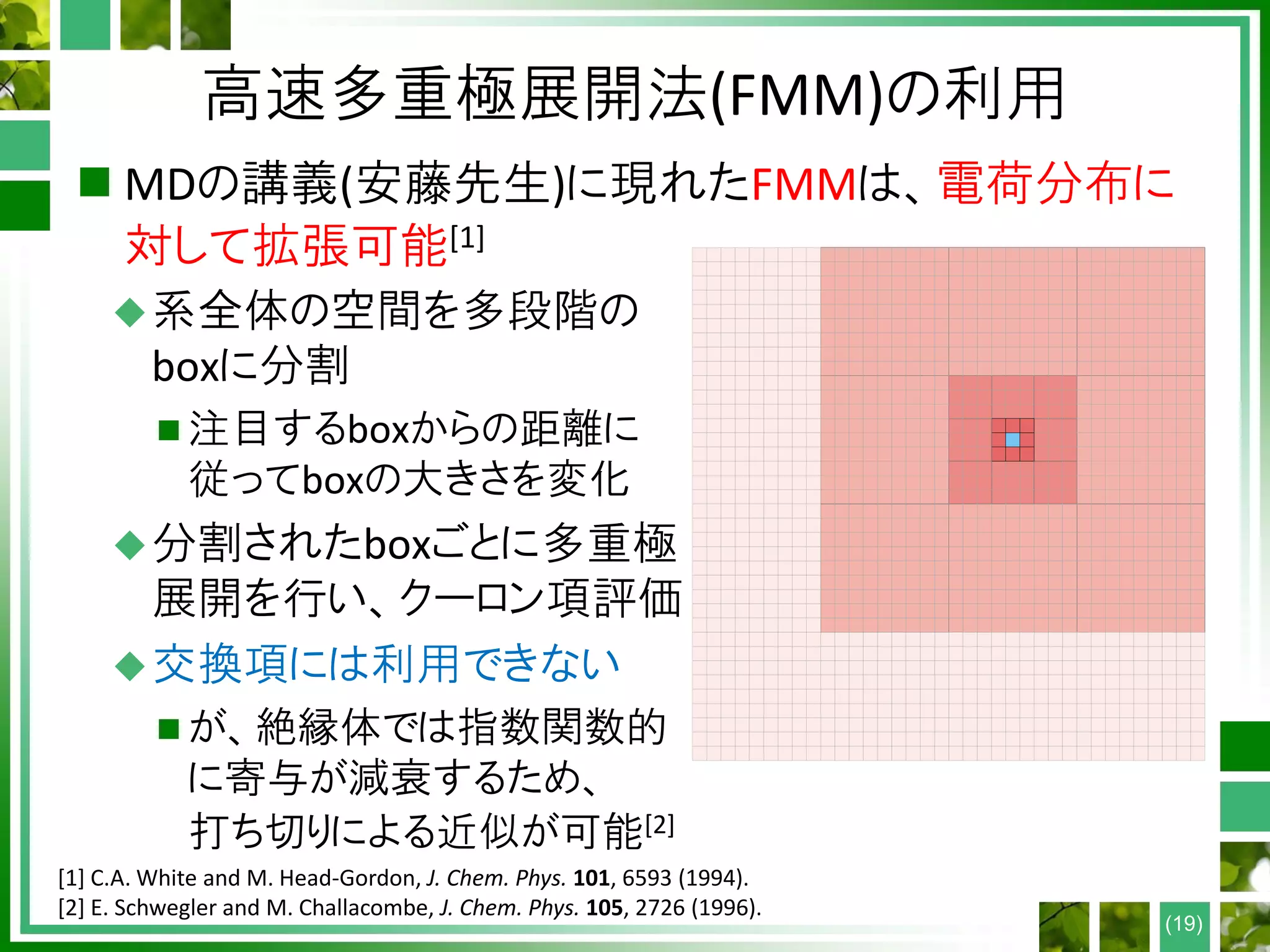 高速多重極展開法(FMM)の利用
 MDの講義(安藤先生)に現れたFMMは、電荷分布に
対して拡張可能[1]
系全体の空間を多段階の
boxに分割
 注目するboxからの距離に
従ってboxの大きさを変化
分割されたboxごとに多重極
展開を行い、クーロン項評価
交換項には利用できない
 が、絶縁体では指数関数的
に寄与が減衰するため、
打ち切りによる近似が可能[2]
(19)
[1] C.A. White and M. Head-Gordon, J. Chem. Phys. 101, 6593 (1994).
[2] E. Schwegler and M. Challacombe, J. Chem. Phys. 105, 2726 (1996).
 