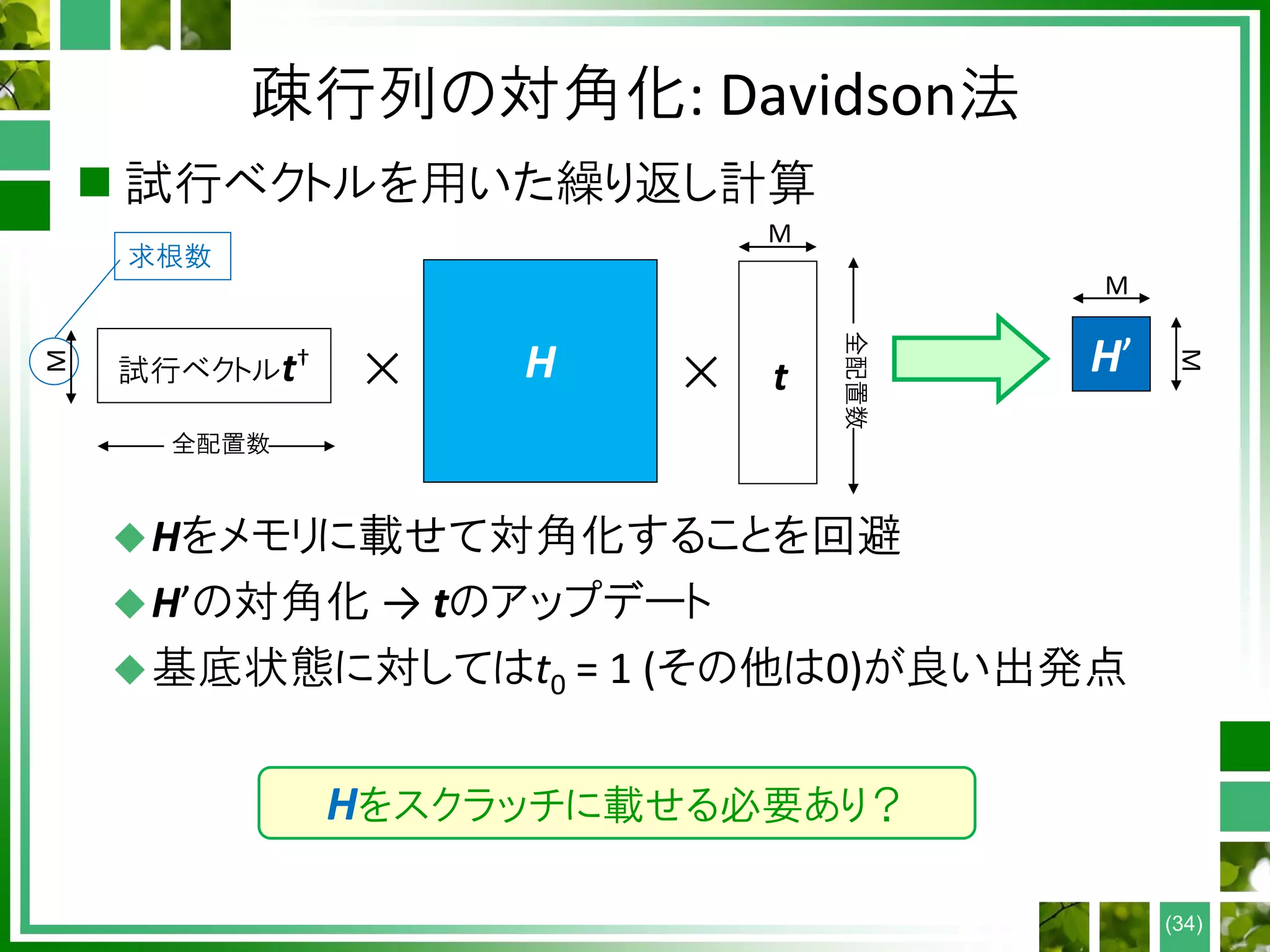 疎行列の対角化: Davidson法
 試行ベクトルを用いた繰り返し計算
Hをメモリに載せて対角化することを回避
H’の対角化 → tのアップデート
基底状態に対してはt0 = 1 (その他は0)が良い出発点
(34)
H
M
H’
M
M
求根数
M
t試行ベクトルt†
× ×
全配置数
全配置数
Hをスクラッチに載せる必要あり？
 