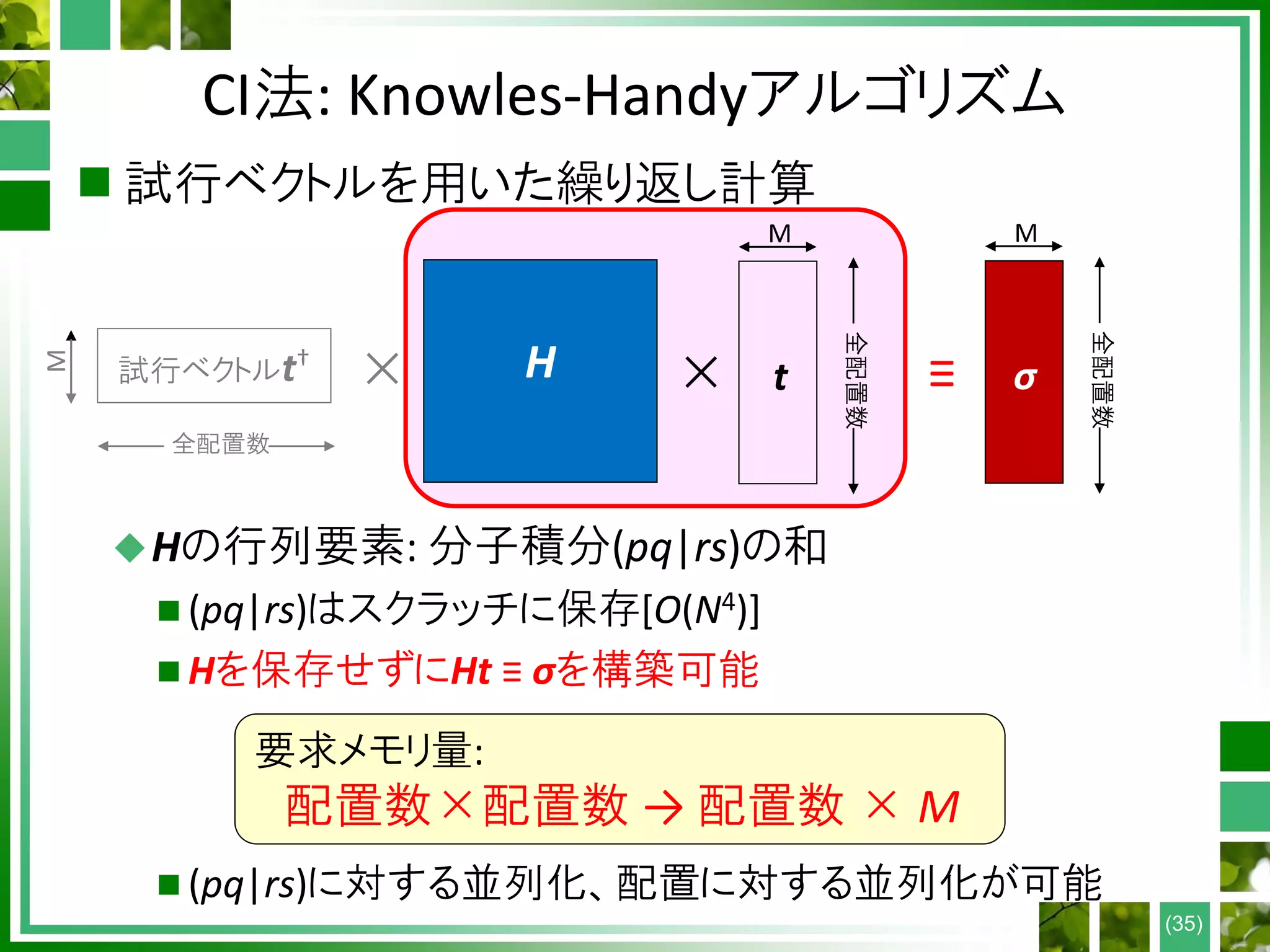  試行ベクトルを用いた繰り返し計算
Hの行列要素: 分子積分(pq|rs)の和
 (pq|rs)はスクラッチに保存[O(N4)]
 Hを保存せずにHt ≡ σを構築可能
 (pq|rs)に対する並列化、配置に対する並列化が可能
CI法: Knowles-Handyアルゴリズム
(35)
H
M
t× ×
全配置数
M
試行ベクトルt†
全配置数
M
σ
全配置数
≡
要求メモリ量:
配置数×配置数 → 配置数 × M
 