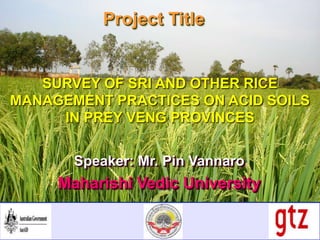 ACIAR-04: Crop diversity – Healthy Food – Cash Income
Project Title
SURVEY OF SRI AND OTHER RICE
MANAGEMENT PRACTICES ON ACID SOILS
IN PREY VENG PROVINCES
Speaker: Mr. Pin Vannaro
Maharishi Vedic University
 