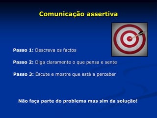 Passo 1: Descreva os factos
Passo 2: Diga claramente o que pensa e sente
Passo 3: Escute e mostre que está a perceber
Não faça parte do problema mas sim da solução!
Comunicação assertiva
 
