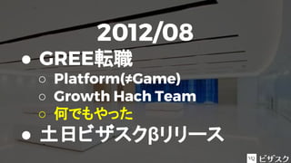 2012/08
● GREE転職
○ Platform(≠Game)
○ Growth Hach Team
○ 何でもやった
● 土日ビザスクβリリース
 