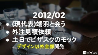 2012/02
● (現代表)端羽と会う
● 外注見積依頼
● 土日でビザスクのモック
○ デザイン以外全部開発
 