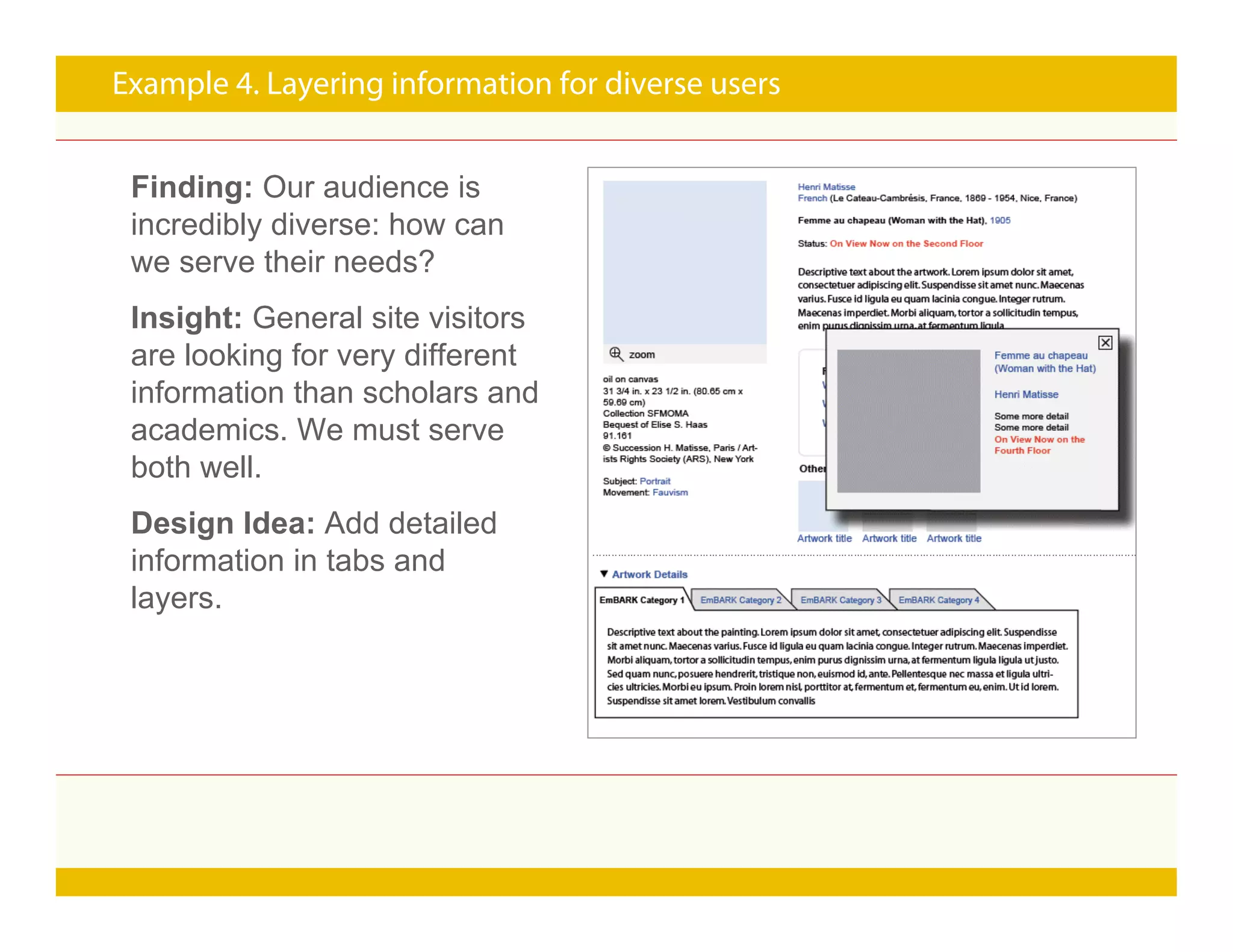 Page 20
Example 4. Layering information for diverse users
Finding: Our audience is
incredibly diverse: how can
we serve their needs?
Insight: General site visitors
are looking for very different
information than scholars and
academics. We must serve
both well.
Design Idea: Add detailed
information in tabs and
layers.
 