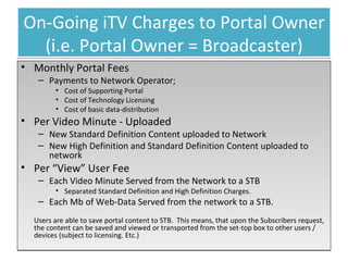 On-Going iTV Charges to Portal Owner (i.e. Portal Owner = Broadcaster) Monthly Portal Fees Payments to Network Operator; Cost of Supporting Portal Cost of Technology Licensing Cost of basic data-distribution Per Video Minute - Uploaded New Standard Definition Content uploaded to Network New High Definition and Standard Definition Content uploaded to network Per “View” User Fee Each Video Minute Served from the Network to a STB Separated Standard Definition and High Definition Charges. Each Mb of Web-Data Served from the network to a STB. Users are able to save portal content to STB.  This means, that upon the Subscribers request, the content can be saved and viewed or transported from the set-top box to other users / devices (subject to licensing. Etc.) 