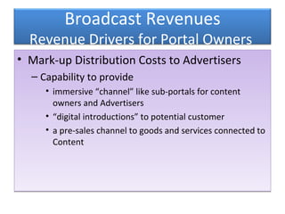 Mark-up Distribution Costs to Advertisers Capability to provide  immersive “channel” like sub-portals for content owners and Advertisers “ digital introductions” to potential customer a pre-sales channel to goods and services connected to Content Broadcast Revenues Revenue Drivers for Portal Owners  