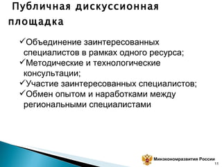 Публичная дискуссионная площадка Объединение заинтересованных специалистов в рамках одного ресурса; Методические и технологические консультации; Участие заинтересованных специалистов; Обмен опытом и наработками между региональными специалистами