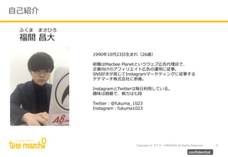 Copyright © テテマーチ株式会社 All Rights Reserved.
自己紹介
5
confidential
1990年10月23日生まれ（26歳）
前職はMacbee Planetというウェブ広告代理店で、
企業向けのアフィリエイト広告の運用に従事。
SNS好きが高じてInstagramマーケティングに従事する
テテマーチ株式会社に参画。
InstagramとTwitterは毎日利用している。
趣味は囲碁で、棋力は七段
Twitter：@fukuma_1023
Instagram：fukuma1023
ふくま まさひろ
福間 昌大
 